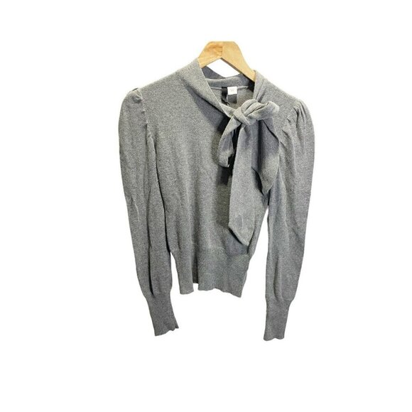 H&M 2 Womens Gray Neck Tie Long sleeve Sweater Mock Neck Stretch Career Knit - Picture 1 of 4